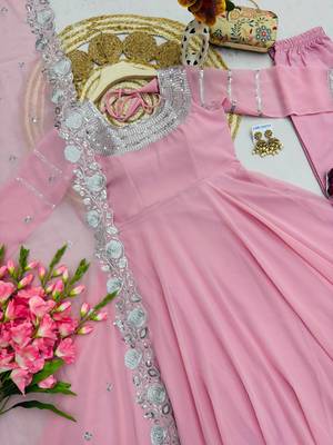 Pink faux georgette embroidered sequins work anarkali kurta set 5
