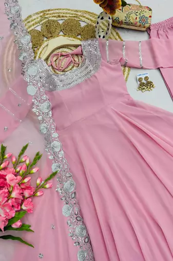 Pink faux georgette embroidered sequins work anarkali kurta set