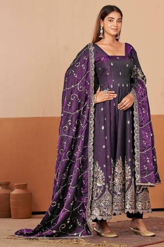 Wine shimmer silk embroidered codding, sequins work anarkali kurta set