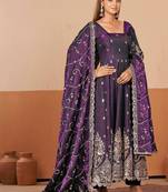 Wine shimmer silk embroidered codding, sequins work anarkali kurta set
