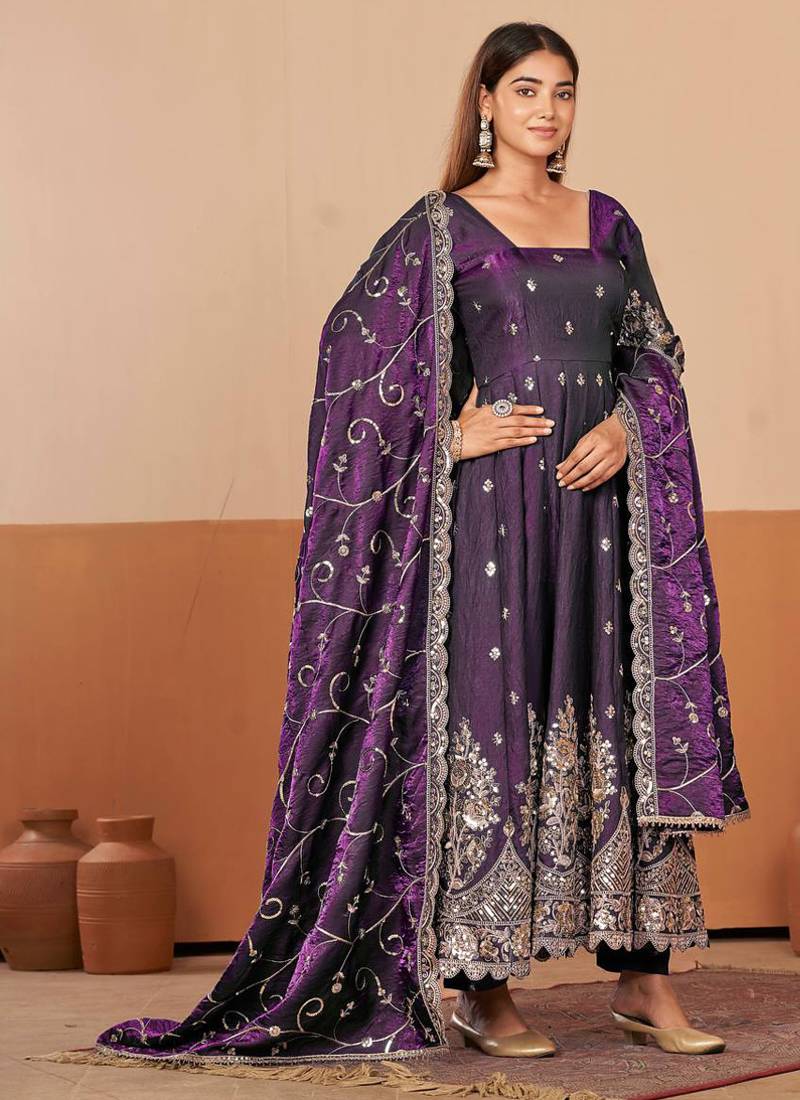 Wine shimmer silk embroidered codding, sequins work anarkali kurta set