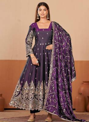 Wine shimmer silk embroidered codding, sequins work anarkali kurta set 2