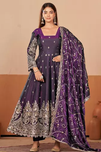 Wine shimmer silk embroidered codding, sequins work anarkali kurta set