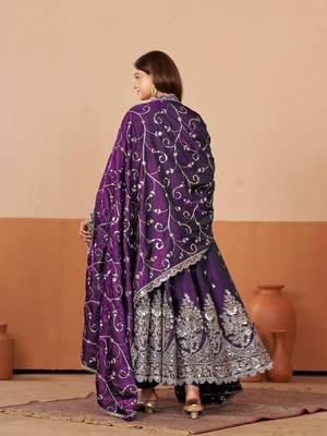 Wine shimmer silk embroidered codding, sequins work anarkali kurta set 3
