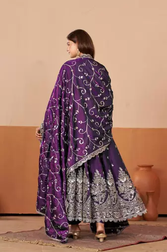 Wine shimmer silk embroidered codding, sequins work anarkali kurta set