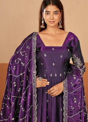 Wine shimmer silk embroidered codding, sequins work anarkali kurta set 4