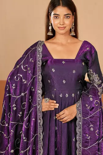 Wine shimmer silk embroidered codding, sequins work anarkali kurta set