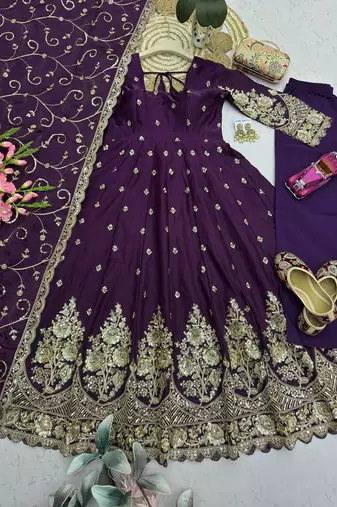 Wine shimmer silk embroidered codding, sequins work anarkali kurta set