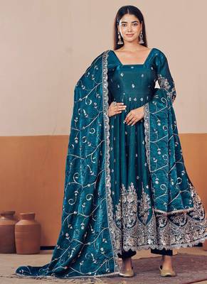 Teal shimmer silk embroidered codding, sequins work anarkali kurta set 1