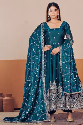 Teal shimmer silk embroidered codding, sequins work anarkali kurta set