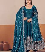 Teal shimmer silk embroidered codding, sequins work anarkali kurta set