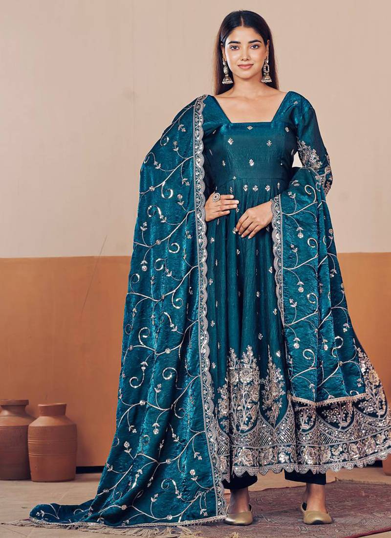 Teal shimmer silk embroidered codding, sequins work anarkali kurta set