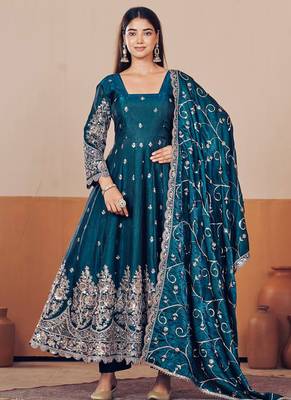 Teal shimmer silk embroidered codding, sequins work anarkali kurta set 2