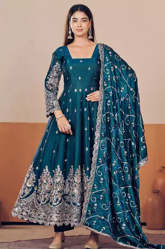 Teal shimmer silk embroidered codding, sequins work anarkali kurta set