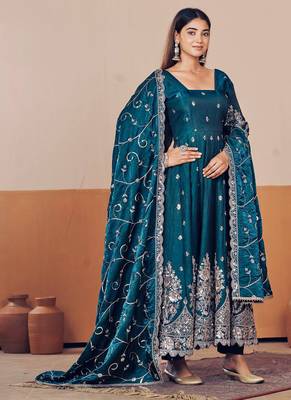 Teal shimmer silk embroidered codding, sequins work anarkali kurta set 3