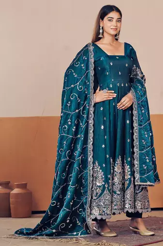 Teal shimmer silk embroidered codding, sequins work anarkali kurta set
