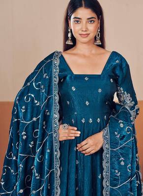 Teal shimmer silk embroidered codding, sequins work anarkali kurta set 4