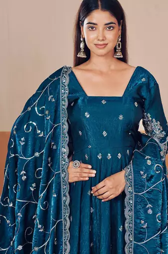 Teal shimmer silk embroidered codding, sequins work anarkali kurta set