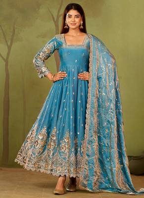 Skyblue shimmer silk embroidered codding, sequins work anarkali kurta set 1