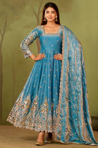 Skyblue shimmer silk embroidered codding, sequins work anarkali kurta set