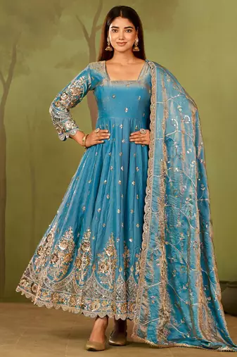 Skyblue shimmer silk embroidered codding, sequins work anarkali kurta set