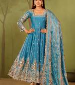 Skyblue shimmer silk embroidered codding, sequins work anarkali kurta set