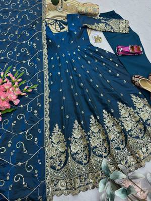 Teal shimmer silk embroidered codding, sequins work anarkali kurta set 5