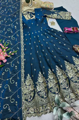 Teal shimmer silk embroidered codding, sequins work anarkali kurta set