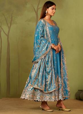 Skyblue shimmer silk embroidered codding, sequins work anarkali kurta set 2