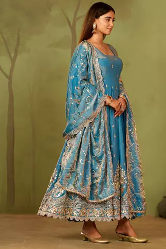 Skyblue shimmer silk embroidered codding, sequins work anarkali kurta set