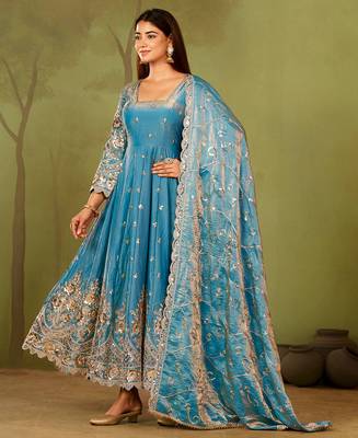 Skyblue shimmer silk embroidered codding, sequins work anarkali kurta set 3