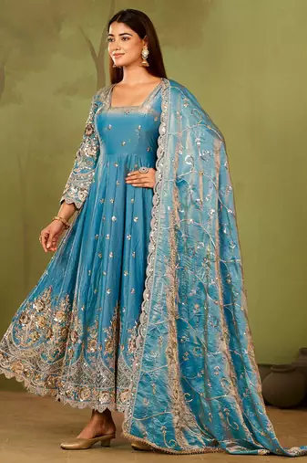 Skyblue shimmer silk embroidered codding, sequins work anarkali kurta set