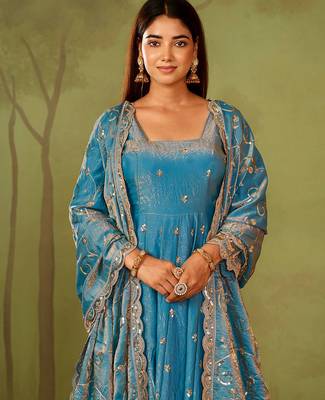 Skyblue shimmer silk embroidered codding, sequins work anarkali kurta set 4