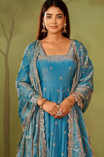 Skyblue shimmer silk embroidered codding, sequins work anarkali kurta set