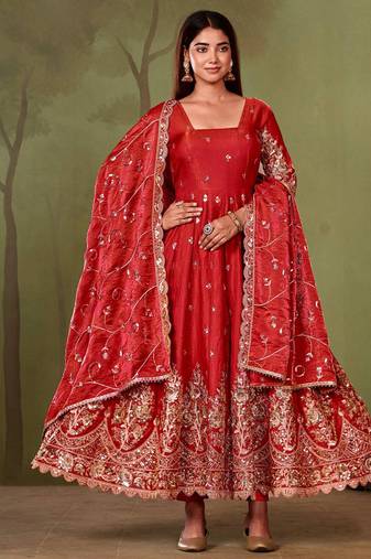 Red shimmer silk embroidered codding, sequins work anarkali kurta set