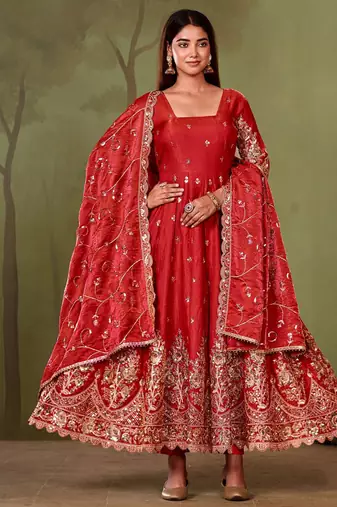 Red shimmer silk embroidered codding, sequins work anarkali kurta set