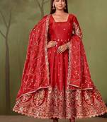 Red shimmer silk embroidered codding, sequins work anarkali kurta set
