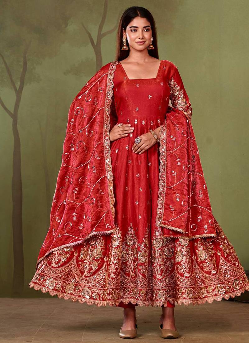 Red shimmer silk embroidered codding, sequins work anarkali kurta set