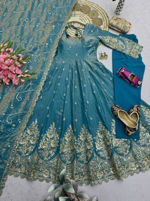 Skyblue shimmer silk embroidered codding, sequins work anarkali kurta set 5