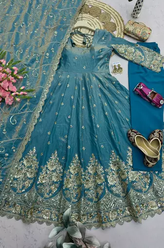 Skyblue shimmer silk embroidered codding, sequins work anarkali kurta set