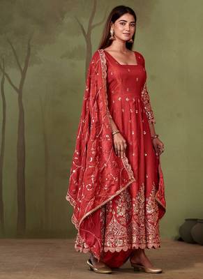Red shimmer silk embroidered codding, sequins work anarkali kurta set 2