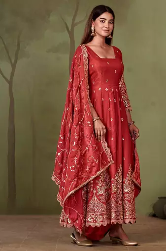 Red shimmer silk embroidered codding, sequins work anarkali kurta set