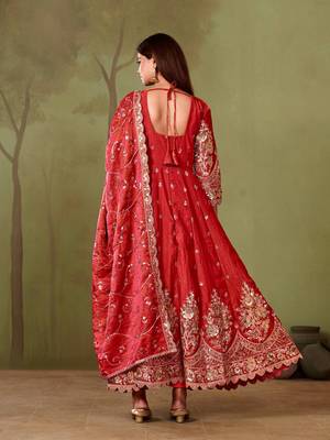 Red shimmer silk embroidered codding, sequins work anarkali kurta set 3