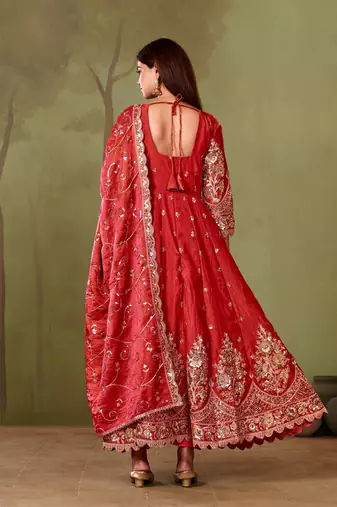 Red shimmer silk embroidered codding, sequins work anarkali kurta set