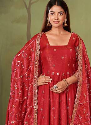 Red shimmer silk embroidered codding, sequins work anarkali kurta set 4