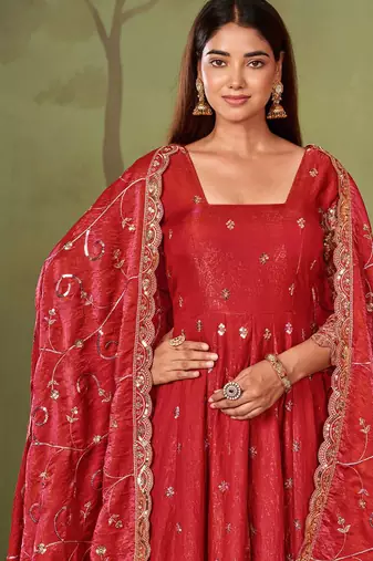 Red shimmer silk embroidered codding, sequins work anarkali kurta set