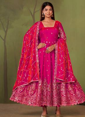 Ranipink shimmer silk embroidered codding, sequins work anarkali kurta set 1