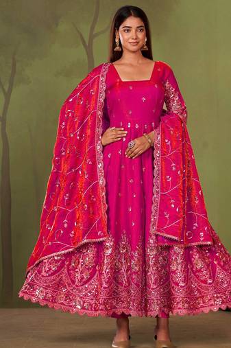 Ranipink shimmer silk embroidered codding, sequins work anarkali kurta set