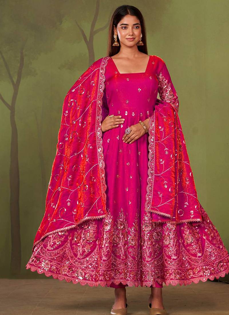 Ranipink shimmer silk embroidered codding, sequins work anarkali kurta set