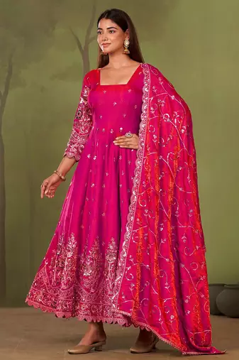 Ranipink shimmer silk embroidered codding, sequins work anarkali kurta set